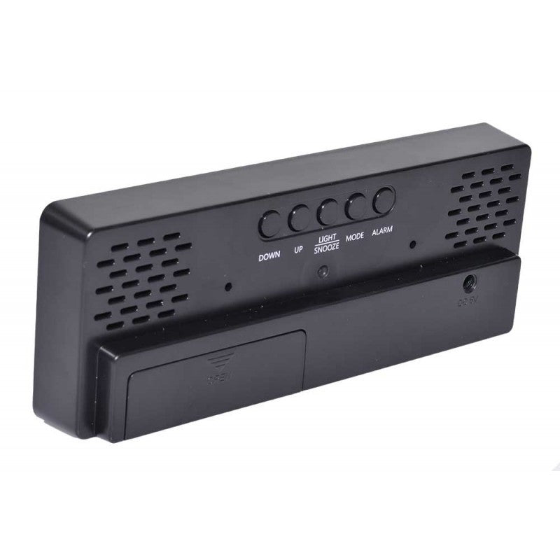 Ceas digital oglinda - vedere spate cu butoane DOWN, UP, SNOOZE, MODE, ALARM si port DC