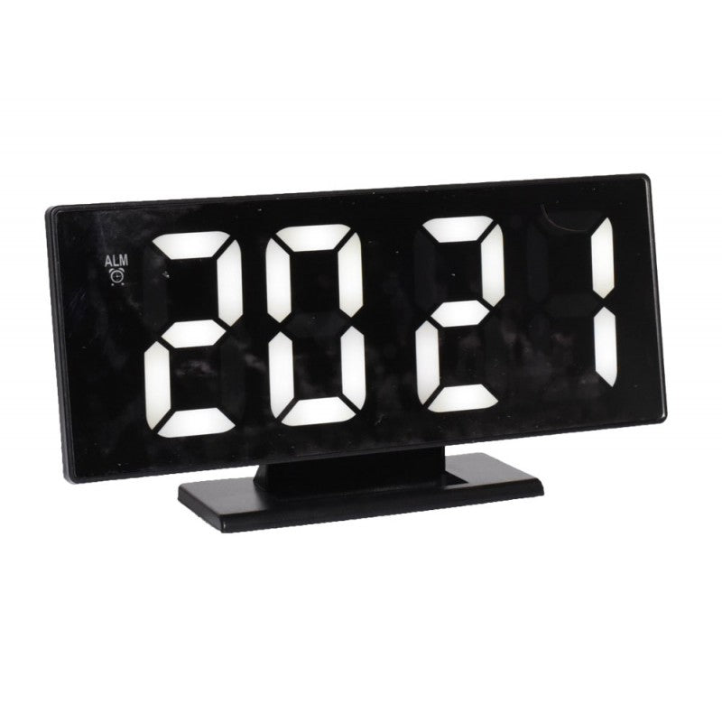Ceas digital LED alb cu display oglinda si alarma, cifre mari 7,6 cm, alimentare USB, design negru pentru birou
