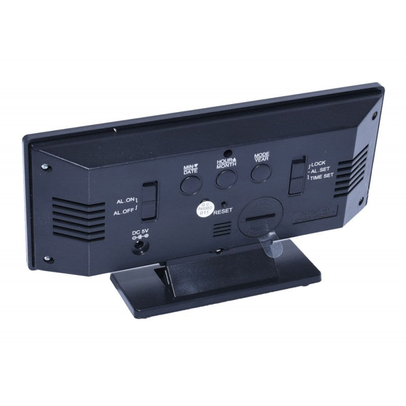 Ceas digital LED, vedere spate cu butoane alarma si setari, alimentare DC 5V, suport rabatabil