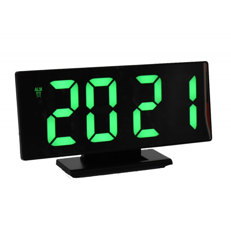 Ceas digital LED verde cu alarma dubla, display tip oglinda 18.5 cm, alimentare USB, format 12/24H