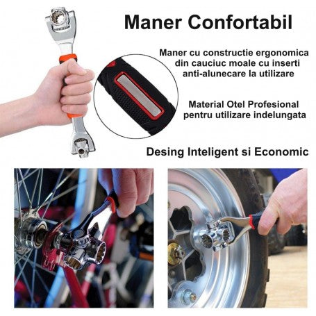 Cheie universala 48 in 1 cu maner ergonomic antialunecare, utilizata la bicicleta si janta auto