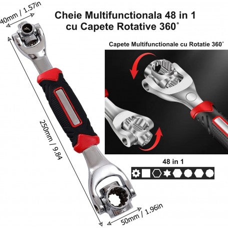 Cheie tubulara multifunctionala 48 in 1 cu capete rotative 360°, lungime 250mm, otel profesional, maner ergonomic