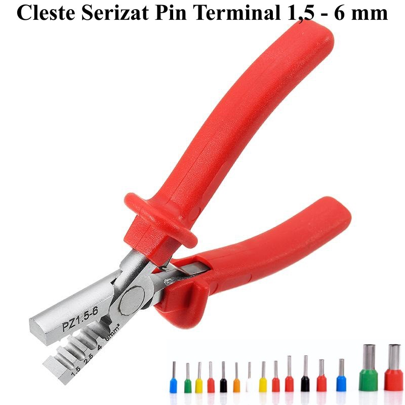 Cleste sertizat pin terminal 1.5-6mm² vazut lateral, cu pini terminali asortati in fundal