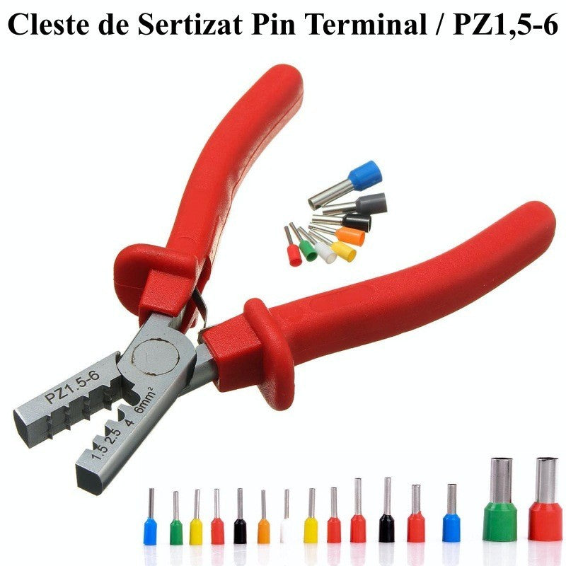 Cleste sertizat pin terminal prezentat cu set de pini terminali colorati compatibili 1.5-6mm²