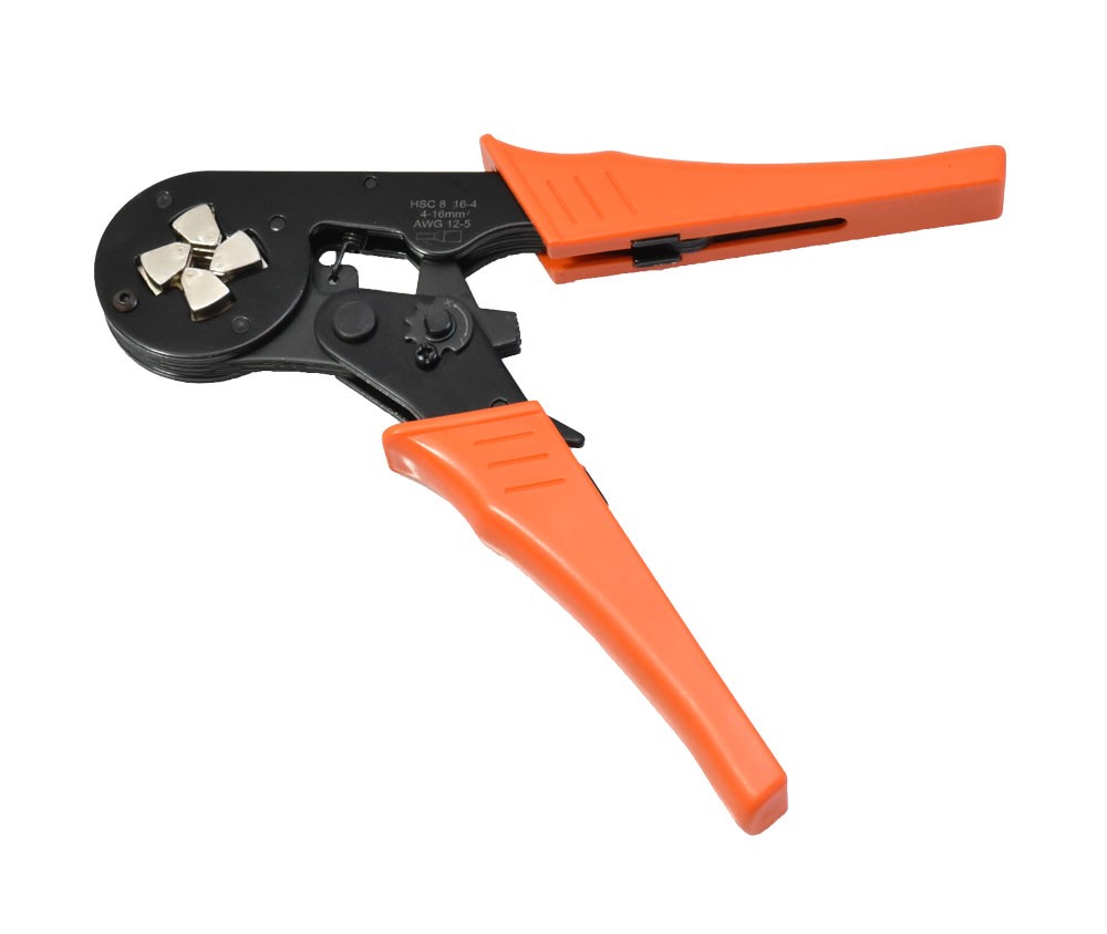 Cleste sertizat pini HSC8 16-4, vedere din unghi lateral drept, manere ergonomice portocalii si cap negru
