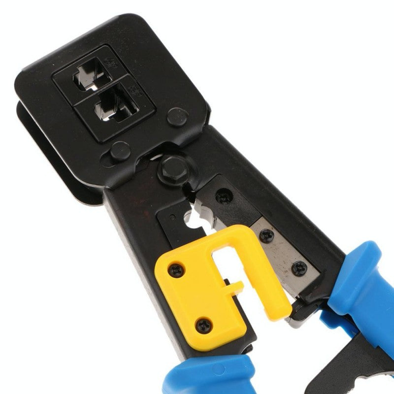 Cleste sertizat mufa RJ45 vedere cap frontal cu locasuri RJ45 si RJ11 si ghidaj galben
