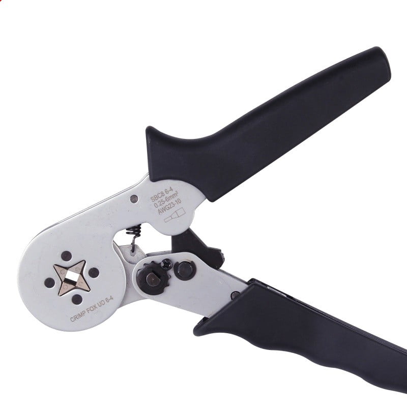 Cleste sertizat pentru conectori pini 0,25-6mm², interval AWG23-10, mecanism cu franare automata, manere ergonomice negre