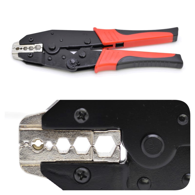 Cleste sertizat papuci electrici profesional, manere cauciucate rosii, compatibil BNC RG58 RG59, constructie metal-cauciuc