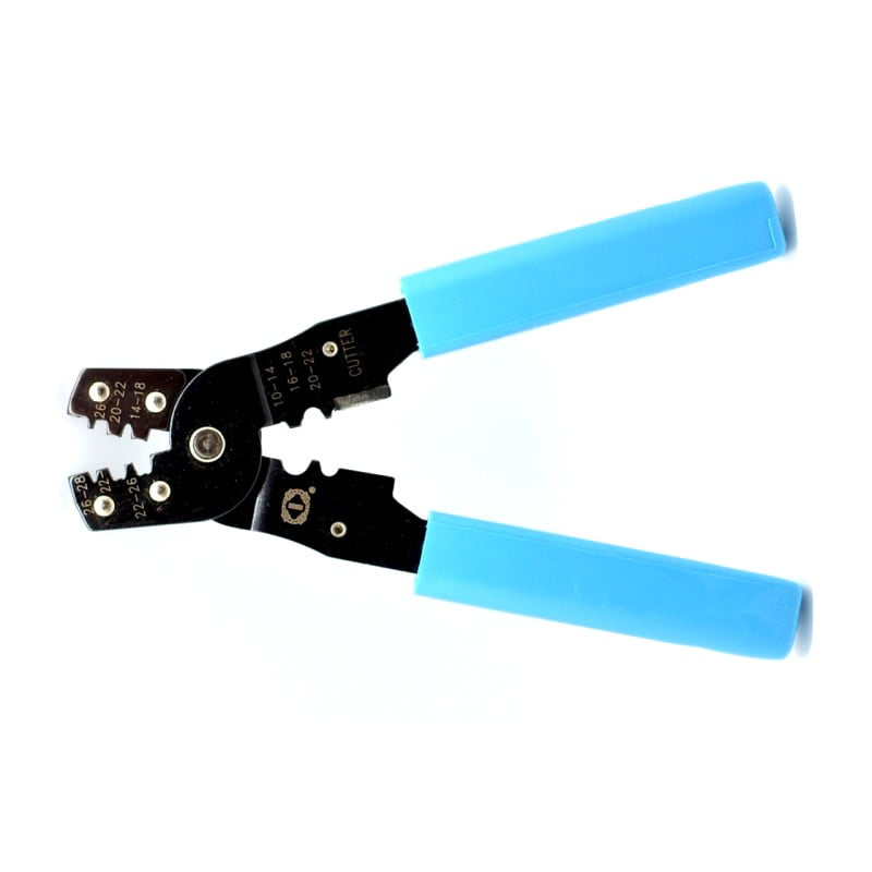 Cleste sertizat papuci electrici cu cutter integrat, manere PVC albastre, dimensiuni 10-28mm