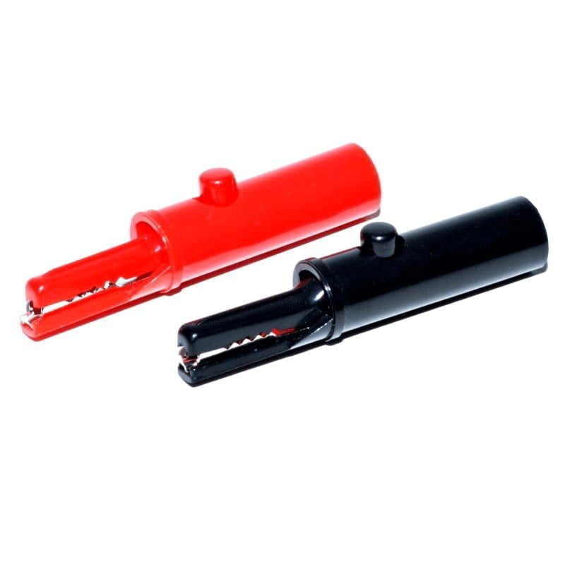 Clesti crocodil cu buton 51mm, set 2 buc rosu si negru, maxim 60V 19A, izolatie ABS, conector 4mm