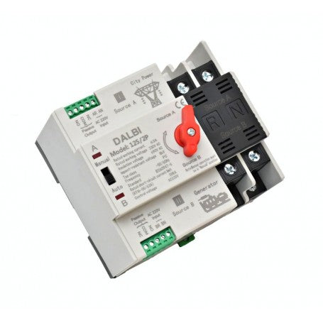 Comutator ATS 2P 63A vedere izometrica, comutator rosu Manual/Auto si borne de conectare