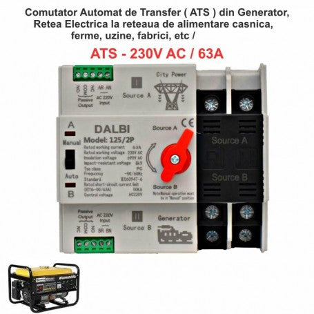 Comutator automat de transfer ATS 2P 63A 230V AC pentru generator si retea, montaj sina DIN