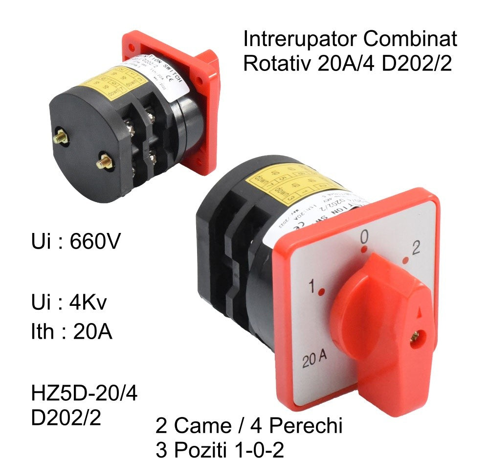 Comutator rotativ combinat 20A 660V, doua unghiuri cu specificatii tehnice afisate