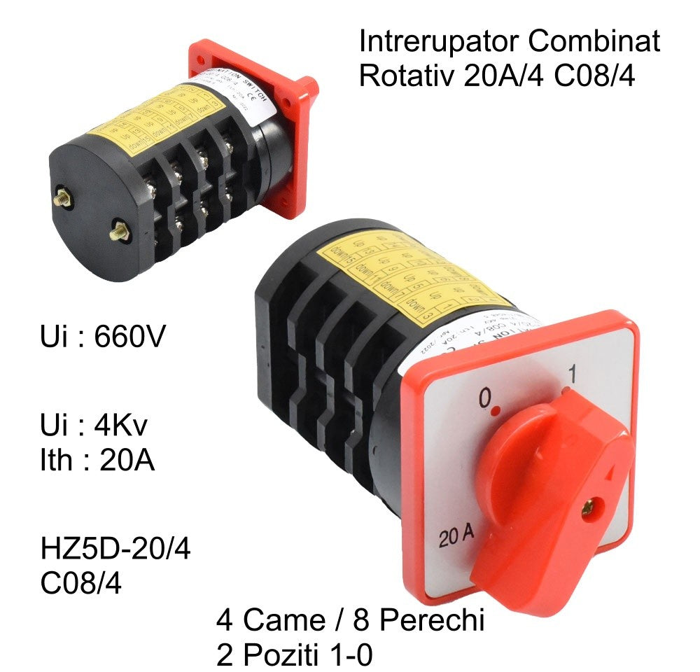 Comutator rotativ 20A 660V cu 4 came, detaliu specificatii si pozitii comutare 1-0