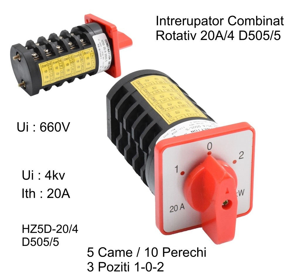 Comutator rotativ combinat 20A 660V, 5 came 10 perechi contacte, specificatii tehnice vizibile