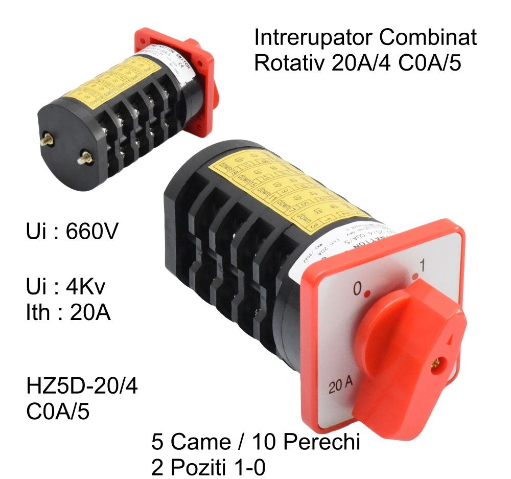Comutator rotativ 20A 660V, vedere frontala si spate cu date tehnice complete