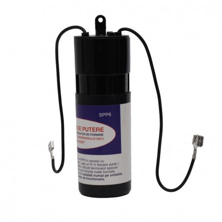 Condensator cu releu pornire compresor, model SPP6, vedere laterala cu cabluri si conector