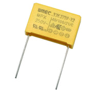 Condensator pornire motor 0,22uF 450V, tip X2 275V, carcasa dreptunghiulara galbena cu terminale metalice