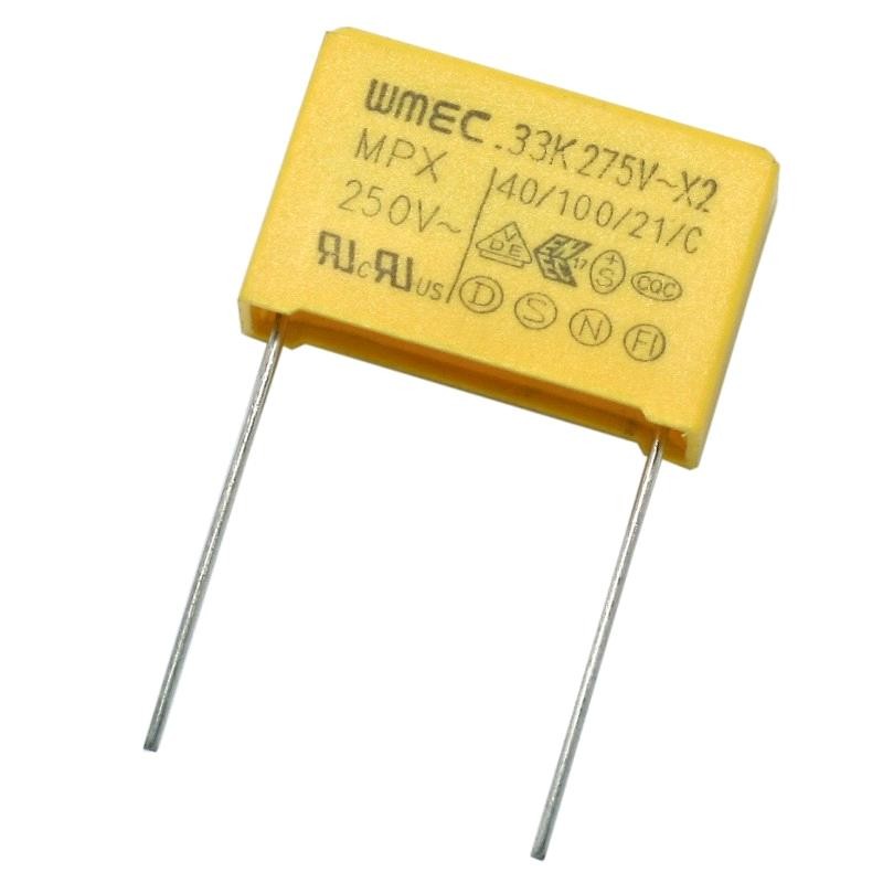 Condensator pornire motor 0,22uF 450V, tip X2 275V, carcasa dreptunghiulara galbena cu terminale metalice