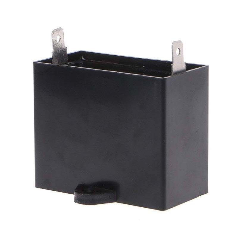 Condensator pornire motor, vedere laterala compacta 38x19x30mm cu terminale metalice si clips montaj