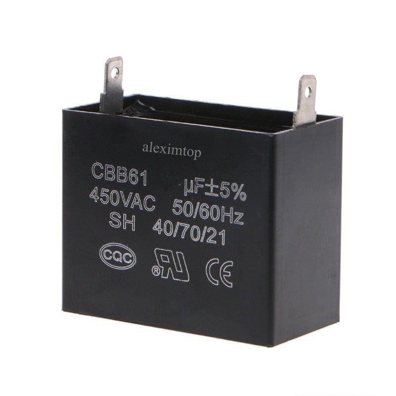 Condensator pornire motor 450V 3.5uF, tip CBB61, carcasa ABS dreptunghiulara neagra cu terminale metalice