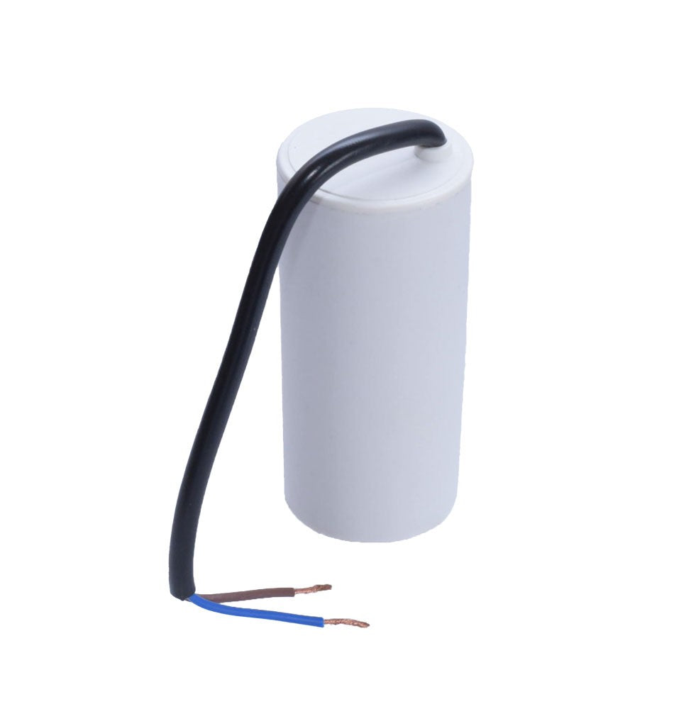 Condensator motor 35uF 450V cu fire de conectare, corp cilindric alb, pentru motoare electrice