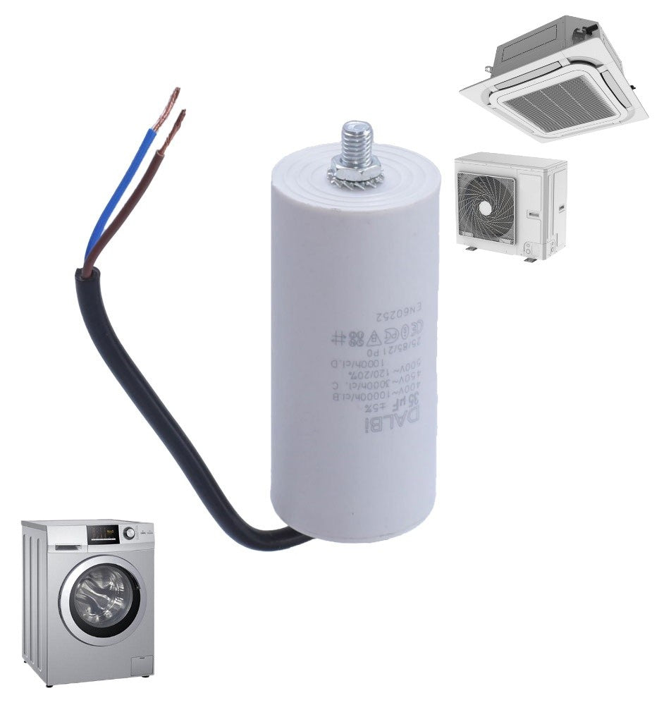 Condensator motor 35uF cu surub si fire, compatibil aparate casnice si industriale, 450V AC