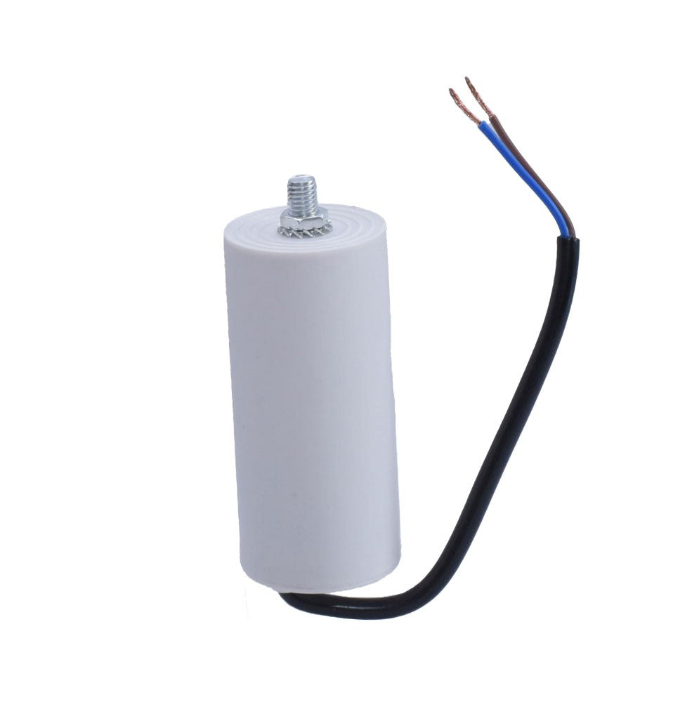 Condensator motor cilindric alb cu surub metalic si cablu bicolor, vedere laterala detaliata