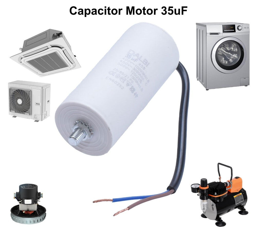 Condensator motor 35uF 450V cu surub metalic, utilizari variate incluzand compresoare si pompe de apa