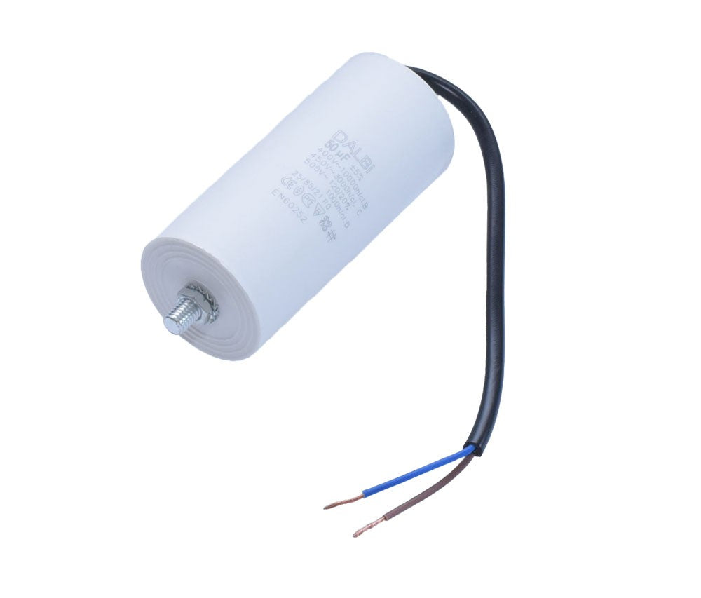 Condensator motor cilindric alb cu surub metalic si cablu negru, 50uF 450V