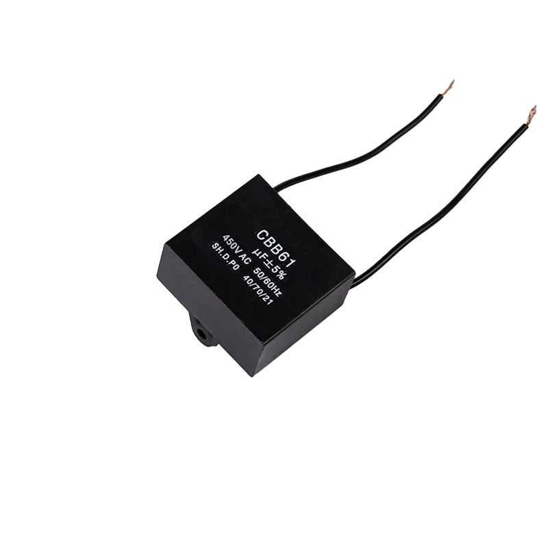 Condensator pornire motor 1.2uF 450V AC, vedere laterala cu fire prelungite pentru conectare