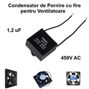 Condensator pornire motor 1.2uF 450V AC cu fire, compatibil ventilatoare axiale si radiale