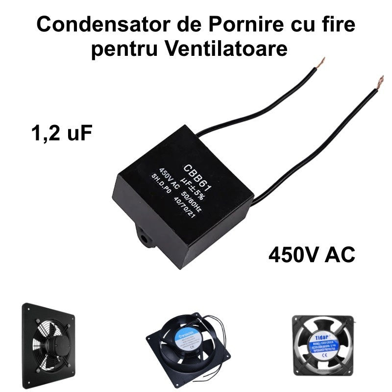 Condensator pornire motor 1.2uF 450V AC cu fire, compatibil ventilatoare axiale si radiale