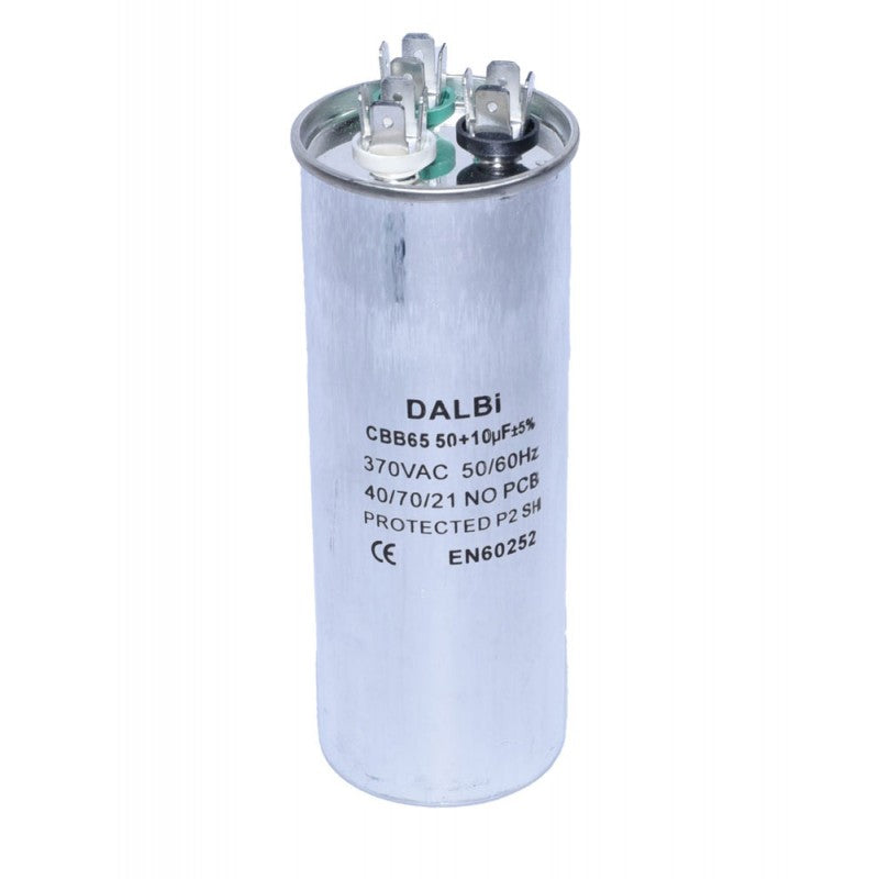 Condensator dual 50+10uF 370V vedere usor inclinata, conexiuni faston vizibile pe capac