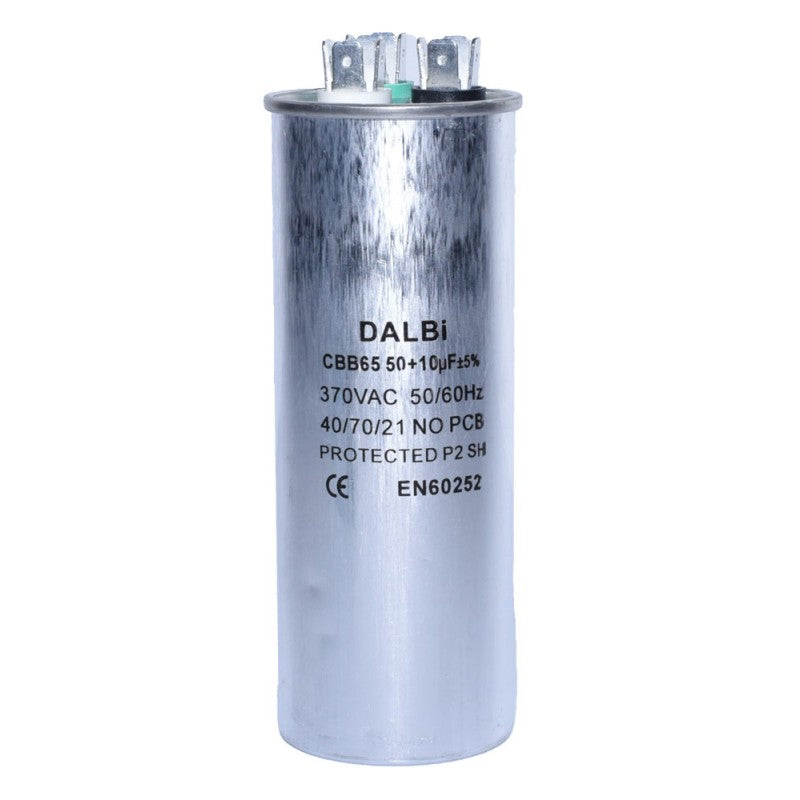 Condensator dublu 50+10uF 370V pentru aer conditionat, carcasa aluminiu cilindrica, certificare EN60252