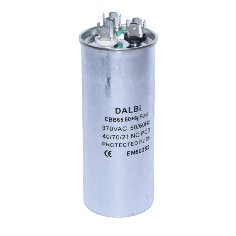 Condensator dublu 50+6uF 370V AC pentru aer conditionat, carcasa aluminiu cilindrica, certificat EN60252
