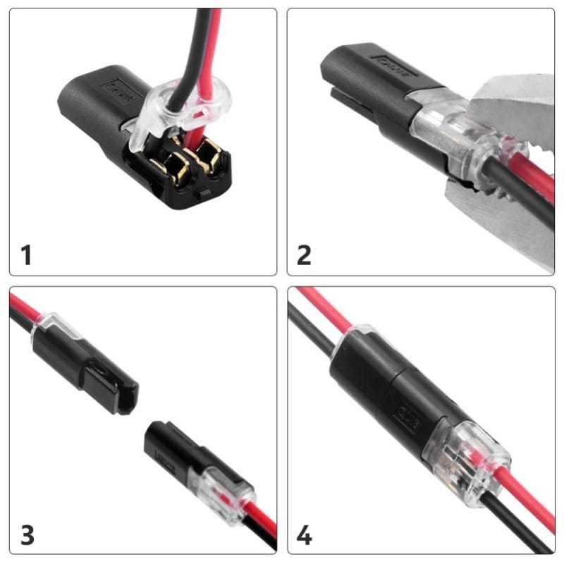 Conector rapid 2 pini - ghid vizual in 4 pasi pentru montare fara scule pe fire 22-20 AWG