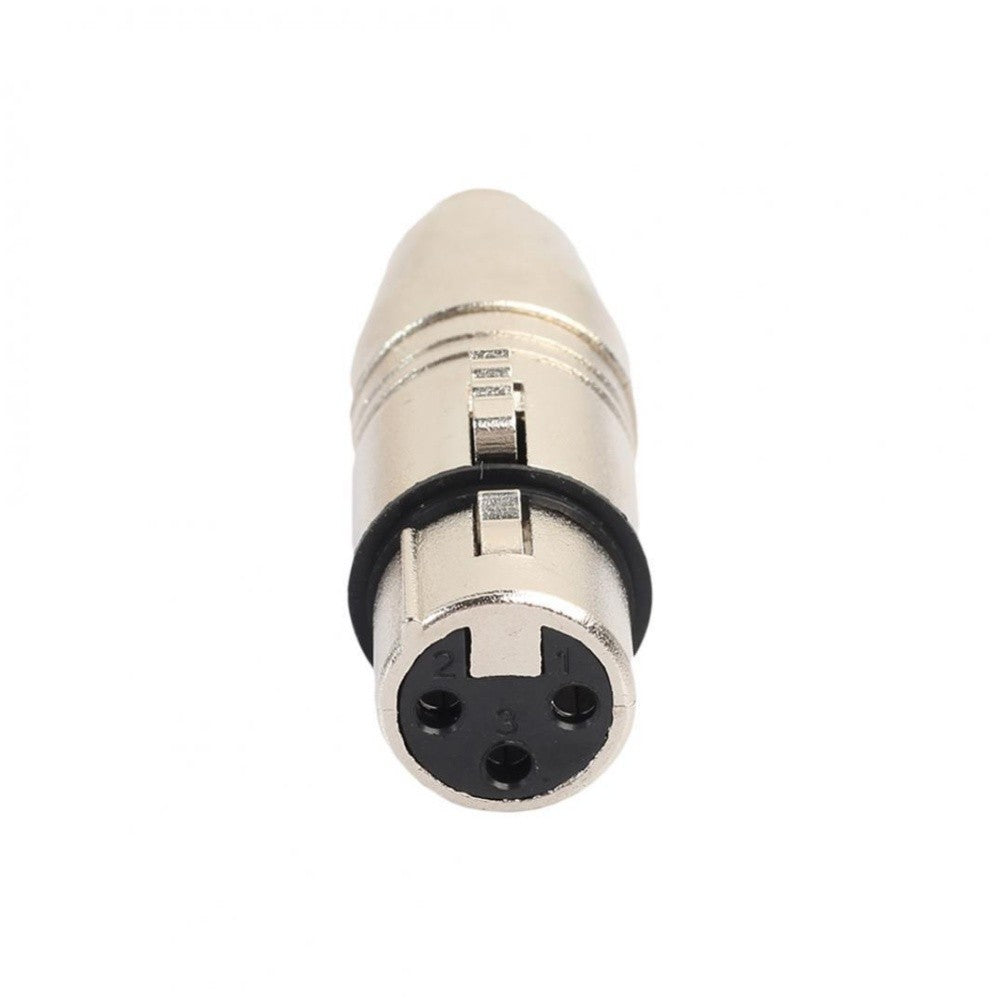 Adaptor XLR mama-RCA mama vazut frontal, pini numerotati 1, 2, 3 vizibili clar