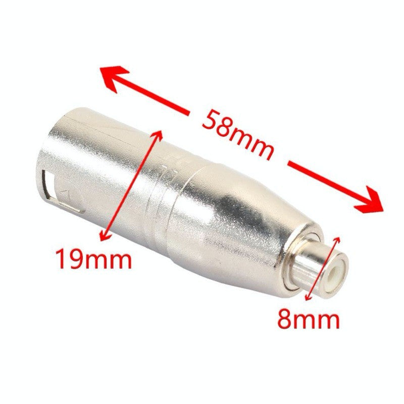 adaptor audio metalic XLR la RCA cu dimensiuni 58x19mm, perspectiva laterala cu cote annotate