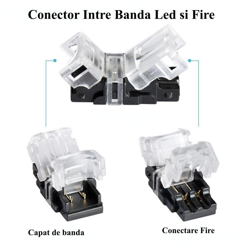 Conector banda LED 10mm prezentand modul de conectare intre capat de banda si fire libere
