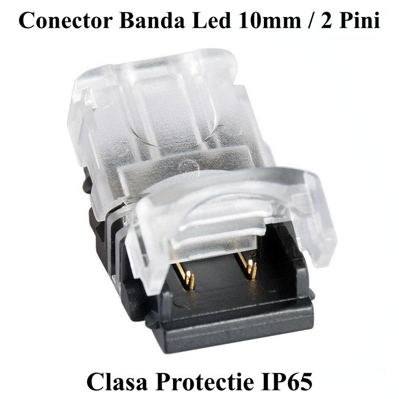 Conector banda LED 10mm, 2 pini, IP65, detaliu capac transparent ridicat si pini auriti vizibili
