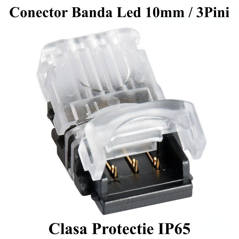 Conector banda LED 10mm, 3 pini, IP65, vedere frontala cu capac transparent deschis