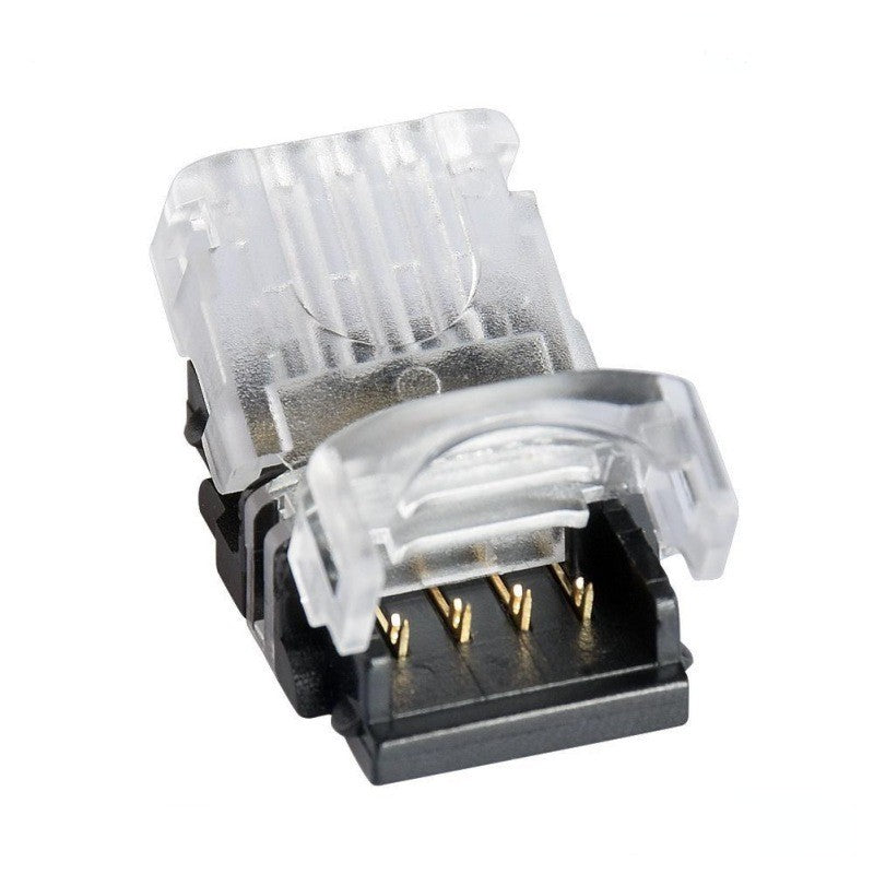 Conector banda LED RGB 10mm, 4 pini, IP65, cu carcasa transparenta si pini aurii, fara lipire
