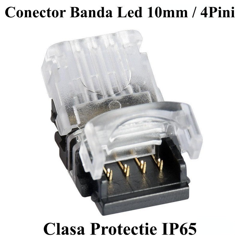 Conector banda LED 10mm, 4 pini, IP65 - detaliu pini aurii si carcasa protectie