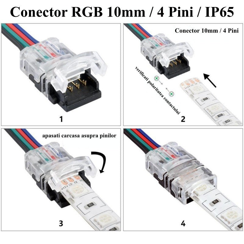 Conector RGB 10mm, 4 pini - ghid montaj in 4 pasi pentru banda LED 10mm
