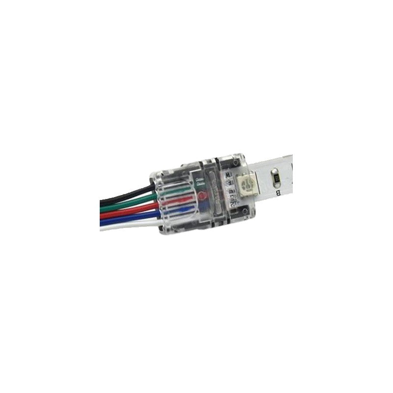 Conector RGBW 12mm 5 pini montat pe banda LED, vedere laterala cu fire colorate vizibile