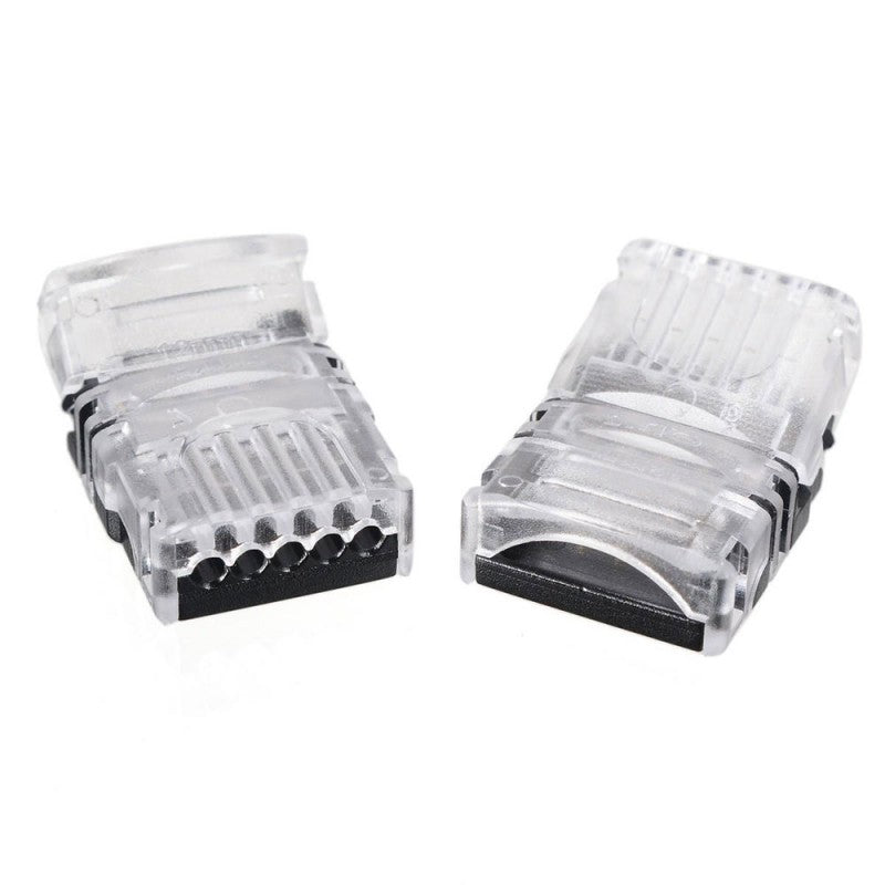 Conector banda LED RGBW 12mm 5 pini, detaliu carcasa transparenta cu cele doua jumatati separate