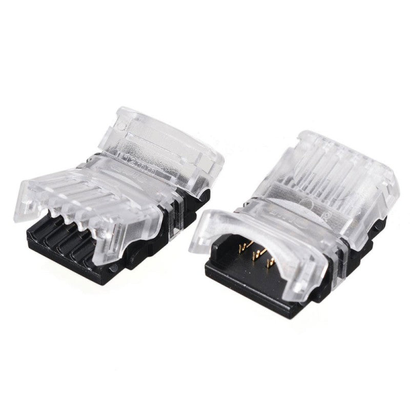Conector RGBW 12mm 5 pini, detaliu pini aurii si mecanism de clipsare, doua unitati