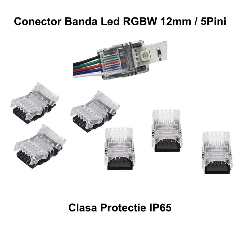 Conector banda LED RGBW 12mm 5 pini IP65, set multiplu cu variante de conectare si fire