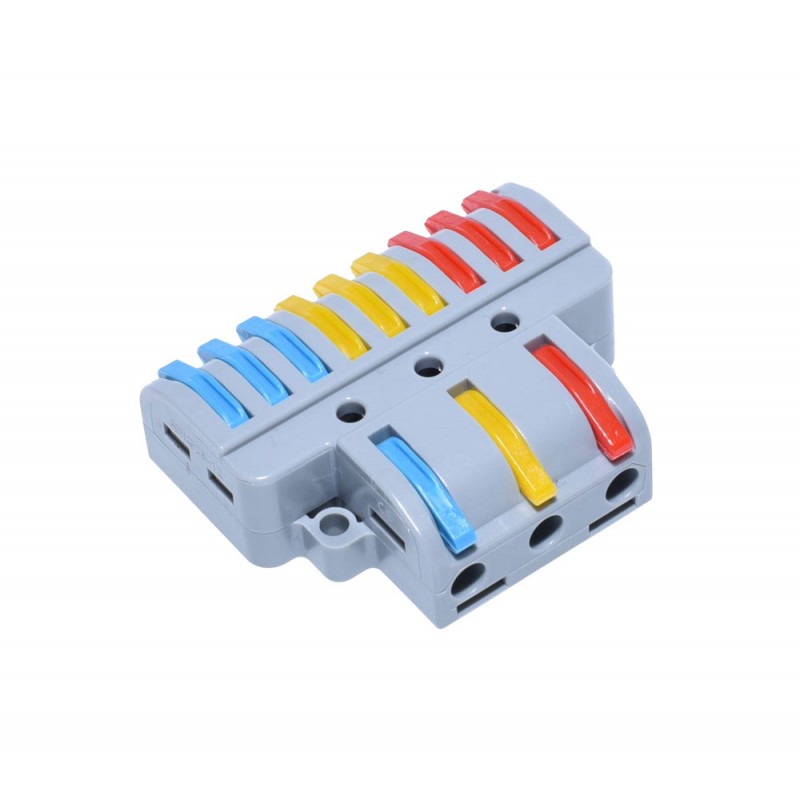 Conector rapid pentru fire electrice, vedere din spate, manete colorate rosu galben albastru vizibile